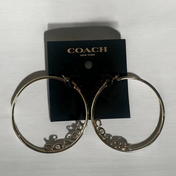 Coach Medium Hoop Earrings Gold Signature Logo Spellout Jewel Rhinestone - Picture 2 of 11